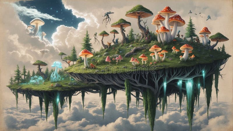 Magical floating forest with glowing mushrooms and bioluminescent creatures in treetops vector illustration