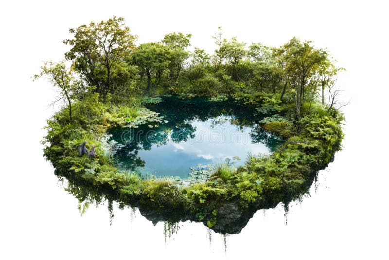 Magical floating forest with a small lake in the center, on white background vector illustration