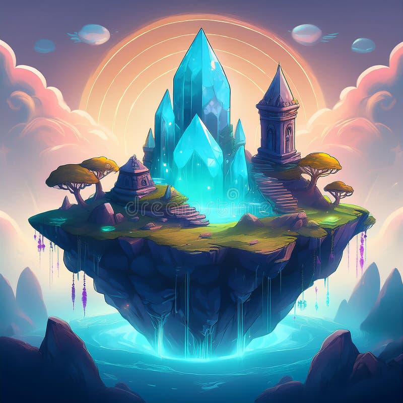 Magical floating island with ancient ruins and glowing crystals, misty sky. Cartoon style art stock illustration