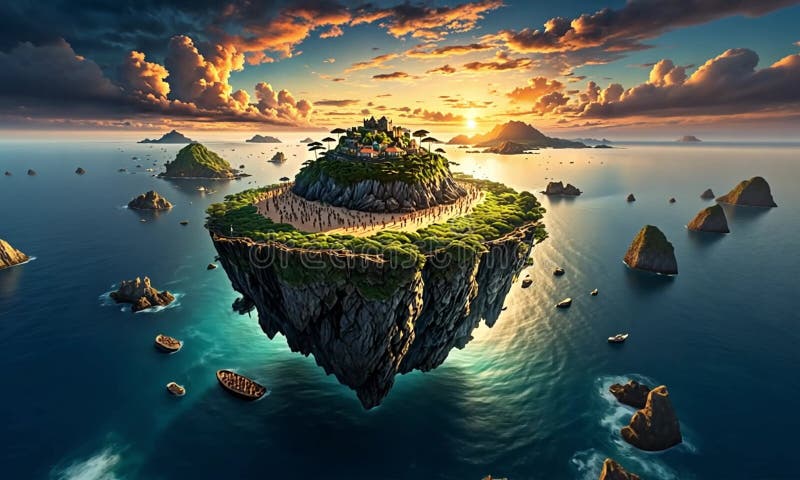 Magical Floating Island at Sunset: A Panoramic View royalty free illustration