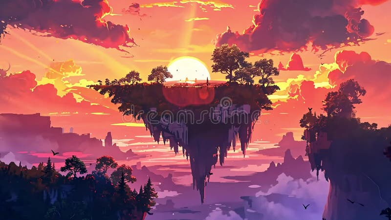 A magical floating island with trees and a glowing sunset in the sky stock illustration