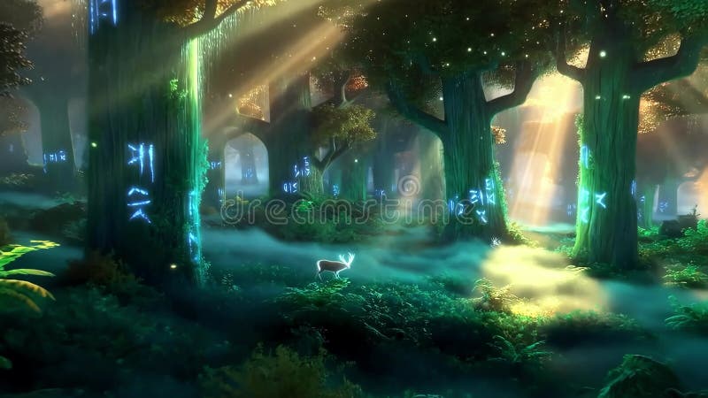 Magical forest clearing with sunbeams and mist. vector illustration