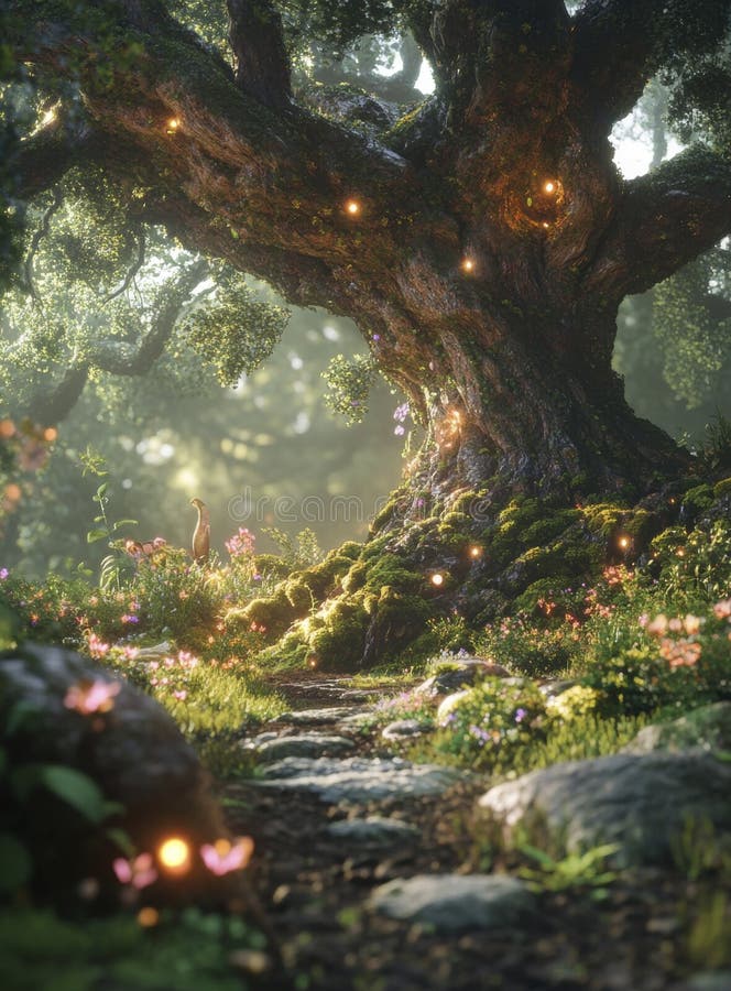 Magical Forest Path Leading to Glowing Ancient Tree stock illustration