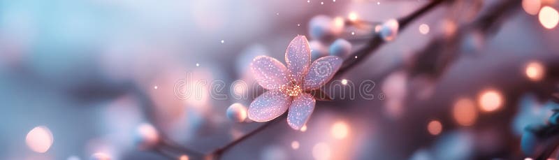 A magical garden blooms with bioluminescent flowers as tiny fairies hover gracefully above. Soft mist and warm pastel stock photo