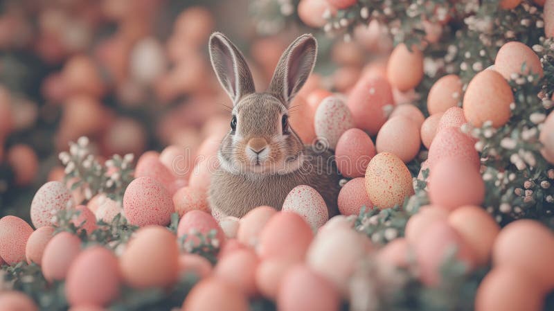 In a magical garden filled with soft light and dreamy colors, a sweet bunny nestled among vibrant Easter eggs and royalty free stock image