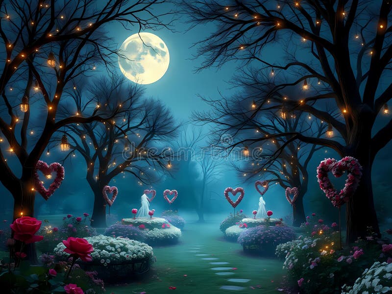 A magical garden at night with a bright full moon, twinkling lights, heart shaped decorations, flowers, and fountains stock photo