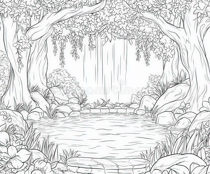 A magical garden with overflowing blooms and vines, coloring page for kids, simple outline illustration. Coloring book. stock photos