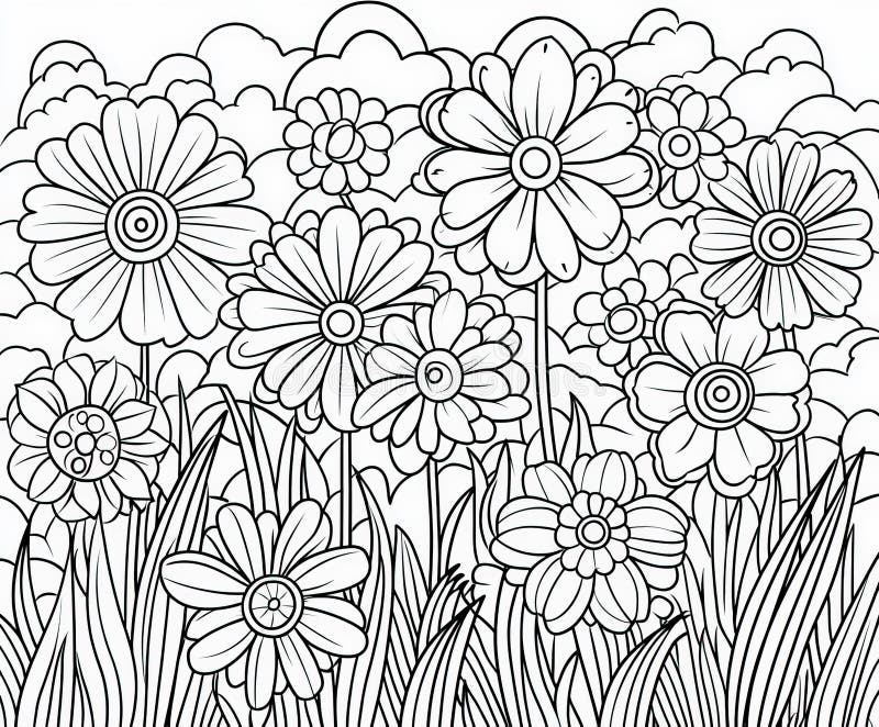 A magical garden with overflowing blooms and vines, coloring page for kids, simple outline illustration. Coloring book. royalty free stock image