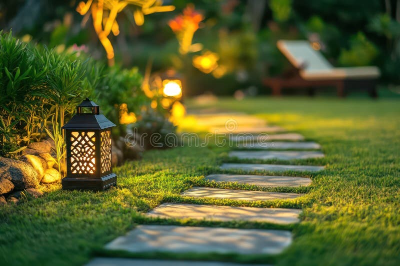 Magical garden path glowing with solar lanterns at dusk. Charming garden pathway softly lit by solar lanterns, casting a warm glow over lush grass and plants at twilight. AI generated