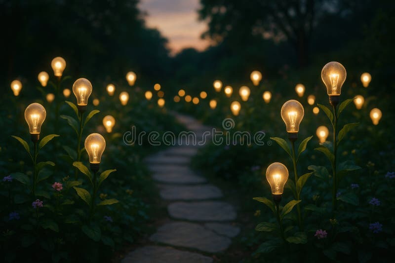A magical garden path lined with glowing light bulbs sprouts from green plants, creating a whimsical and enchanting atmosphere at royalty free stock image