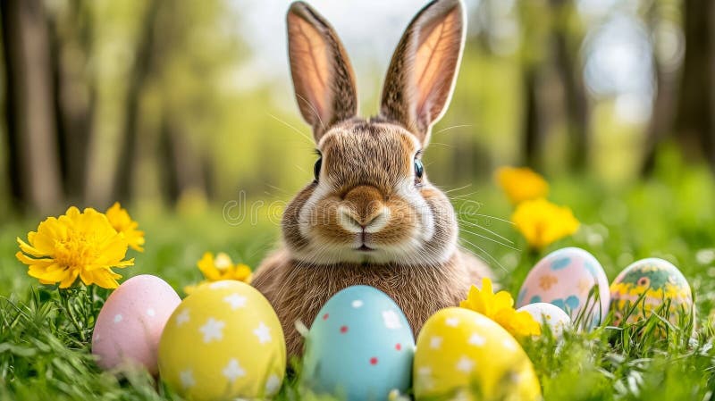In a magical garden with soft light and dreamy colors, a sweet bunny nestled among vibrant Easter eggs and blossoms stock photos