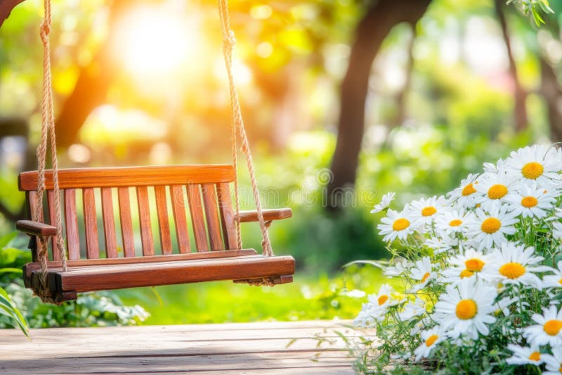 A magical garden swing nestled among vibrant greenery and blossoming flowers. stock photography