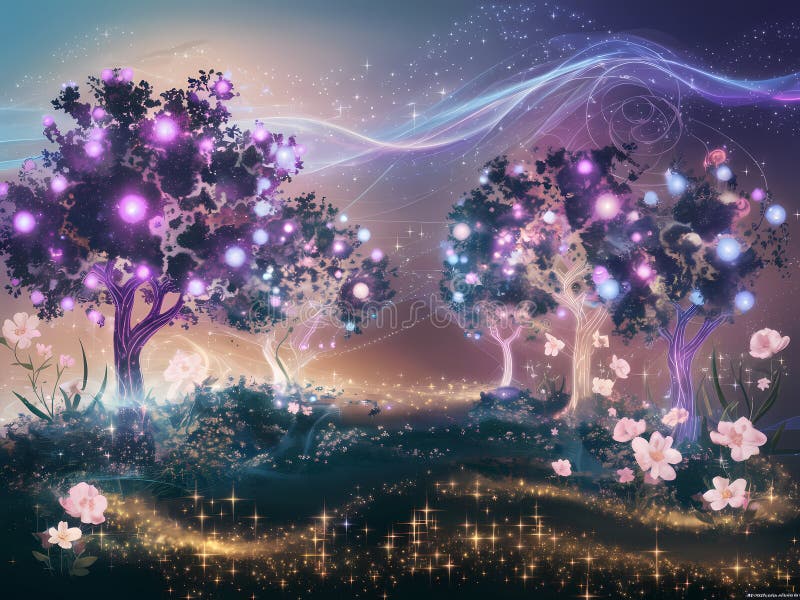 A magical garden with trees glowing with purple light, ground covered in sparkling flowers, stars, and faint swirling pattern royalty free stock photo