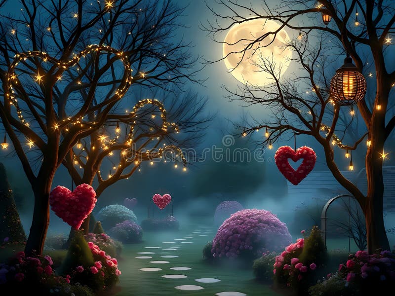 A magical garden under a shinning full moon night, with sparkling lights, heart shaped flowers arrangements, and a gentle mist royalty free stock photos