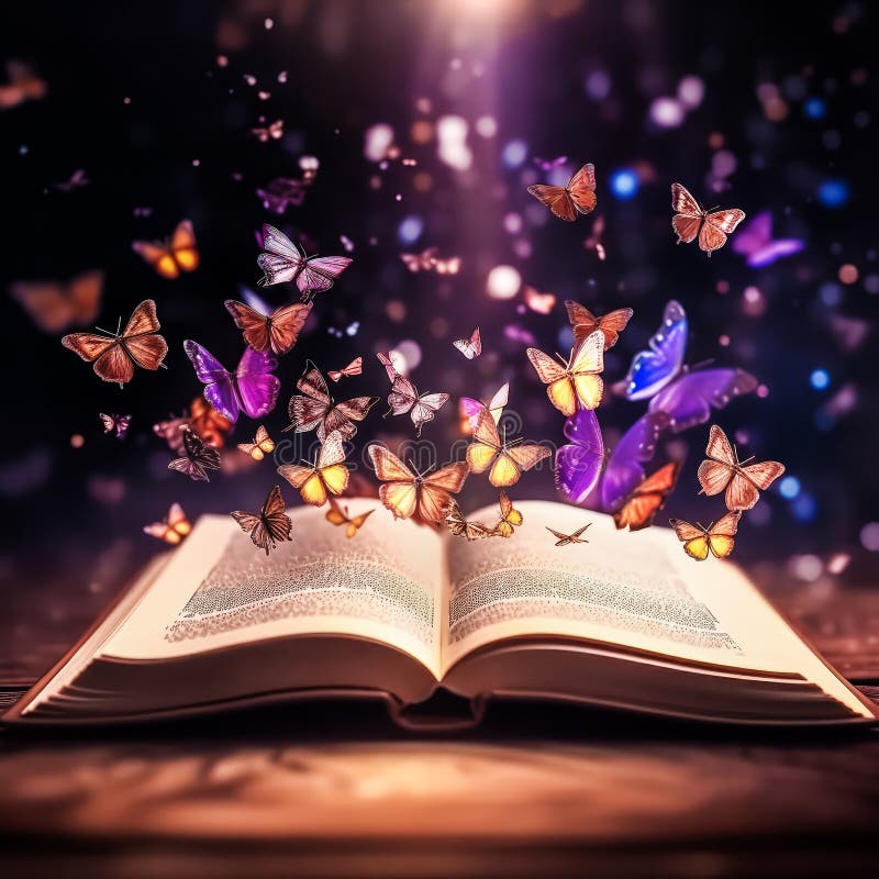 Open magic book with growing lights, magic powder, butterflies