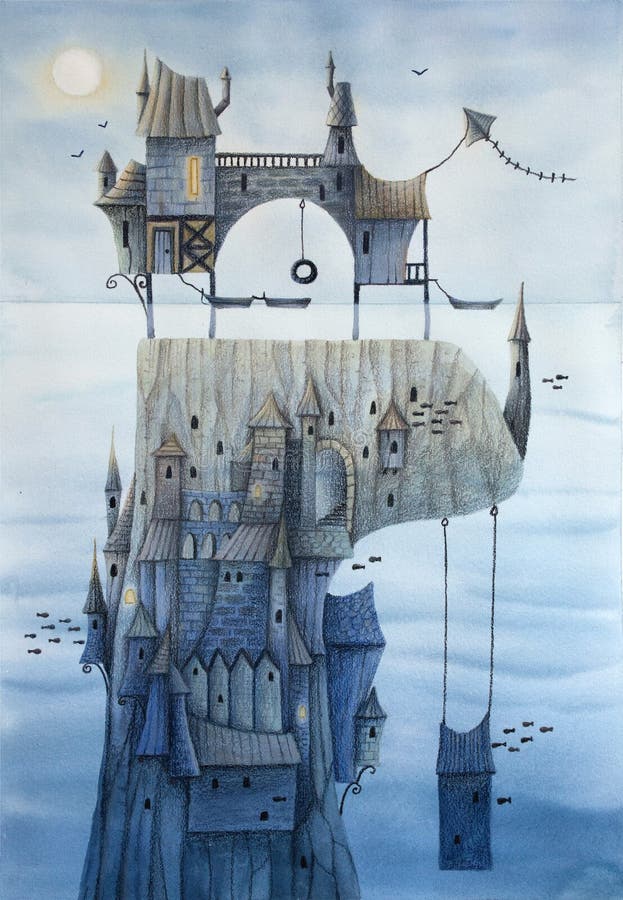 Magical houses castle, city on the rock under the sea.