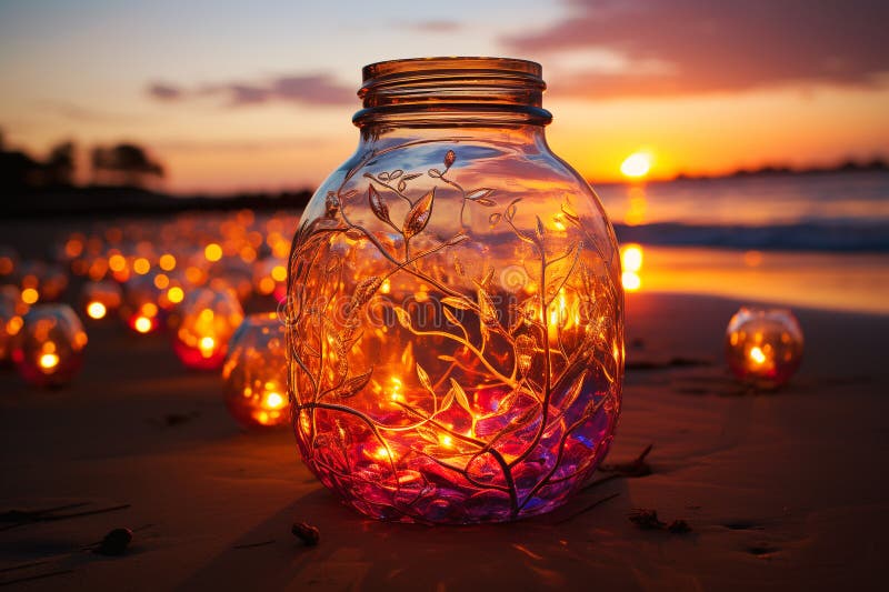 Magical jar or glass with sparkling fairy light standing on a beach at sunset, romatic peaceful evening, glowing fireflies