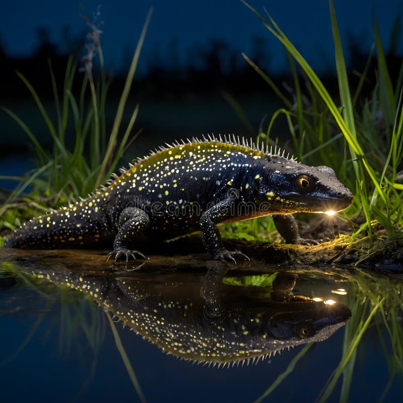 A Magical Night: Great Crested Newt Crawling in a Firefly-Dotted Moonlit Scene royalty free stock photo