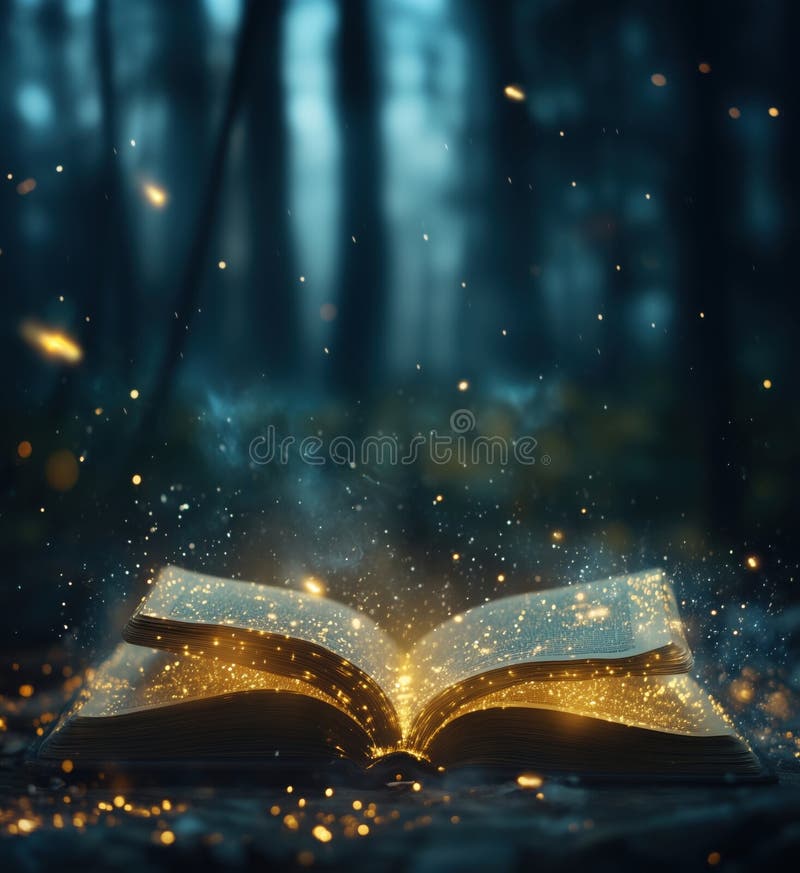 Magical open book glowing in forest, enchanting atmosphere, sparkles and light, mystical setting royalty free stock photo