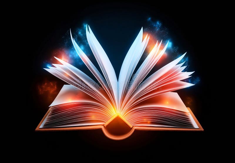 Magical open book with glowing pages radiates light and wonder inviting readers into world of imagination and creativity stock illustration