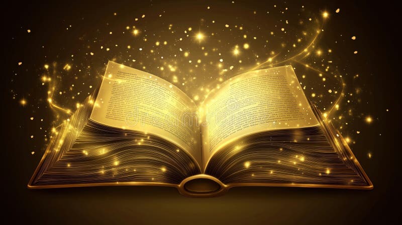 Magical open book with glowing pages and sparkles, enchanting atmosphere royalty free stock photos