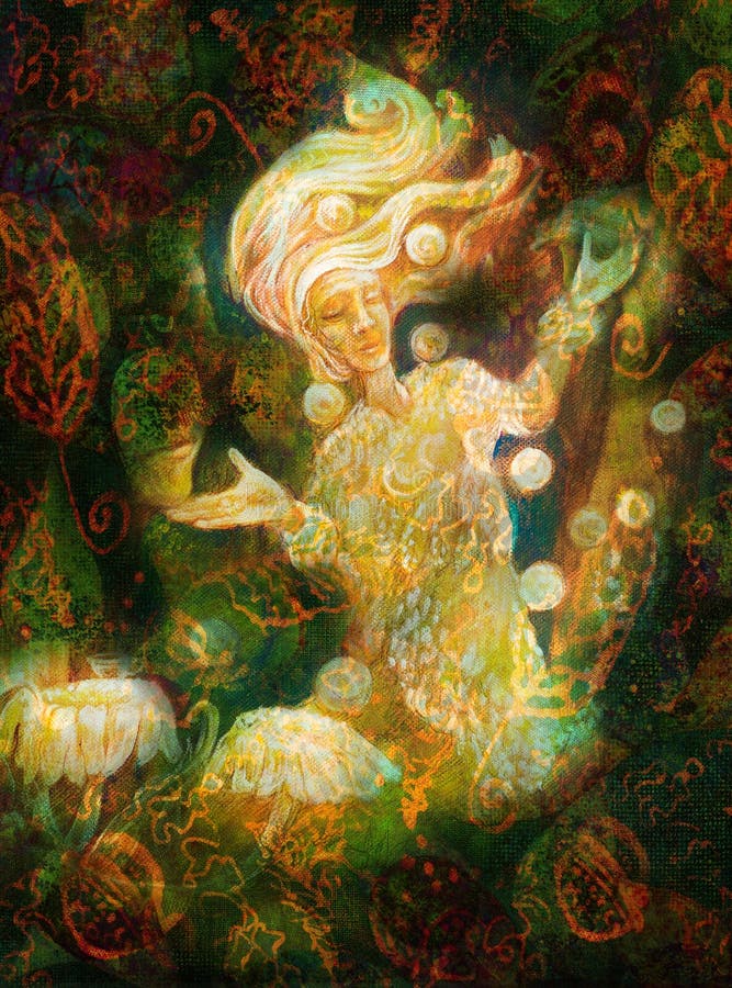 Magical radiant fairy spirit in forest dwelling making floating lights