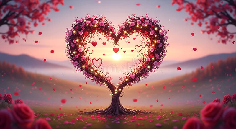 Enchanting heart tree glowing at sunset in a field of roses vector illustration