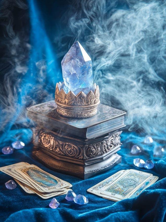A magical setting features mystical crystal, tarot cards, candles, and smoke royalty free stock image