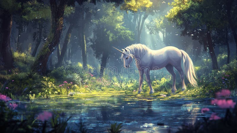 Magical Unicorn in an Enchanting Forest vector illustration