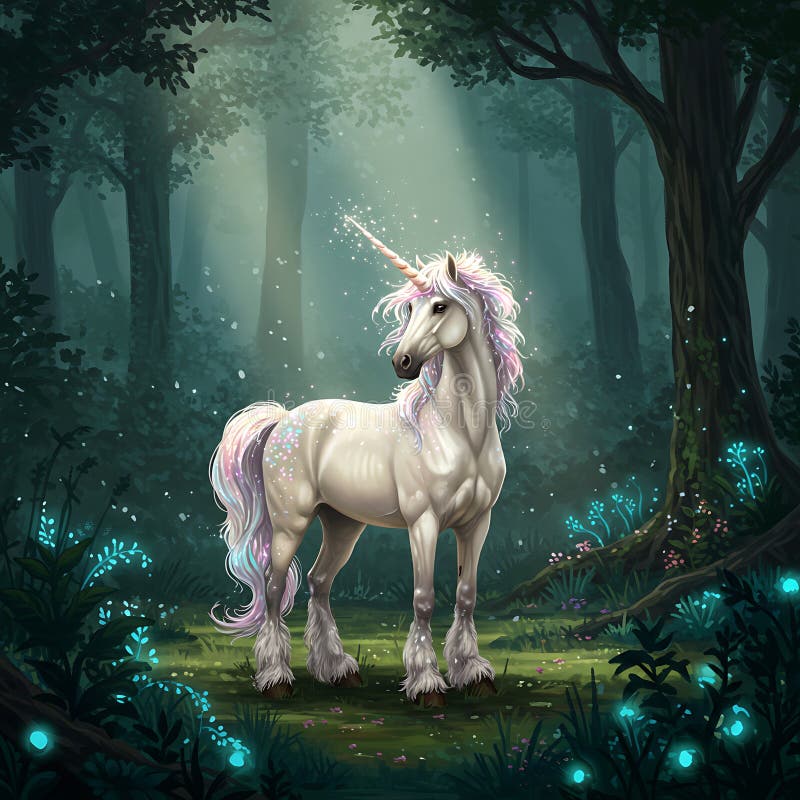 A magical unicorn stands in an enchanting forest clearing, illuminated by a soft royalty free illustration