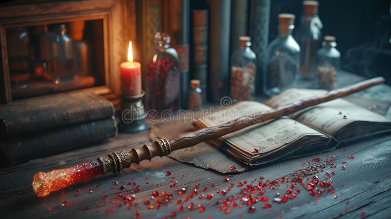 A magical wand on a book next to a candle on a wooden table, AI-generated.