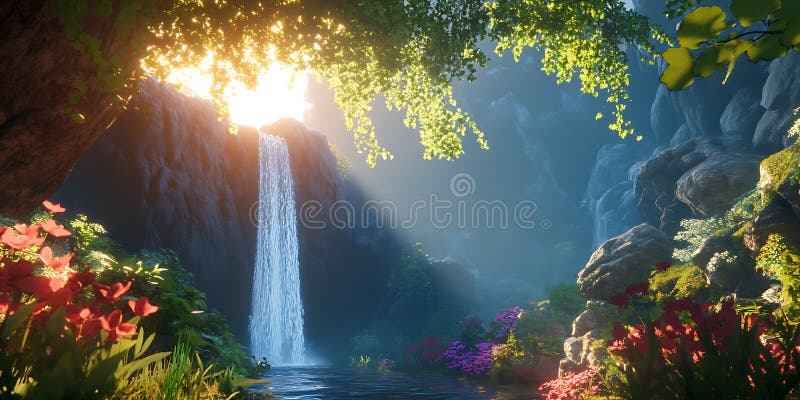 Magical Waterfall with Sparkling Fireworks A Breathtaking Nature Scene vector illustration