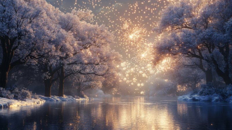Magical Winter Forest with Sparkling Fireworks vector illustration