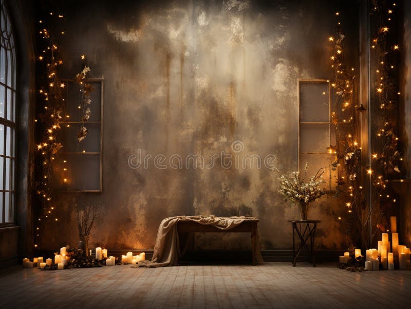 Magical winter holiday background, Christmas apartment decor on a dark background