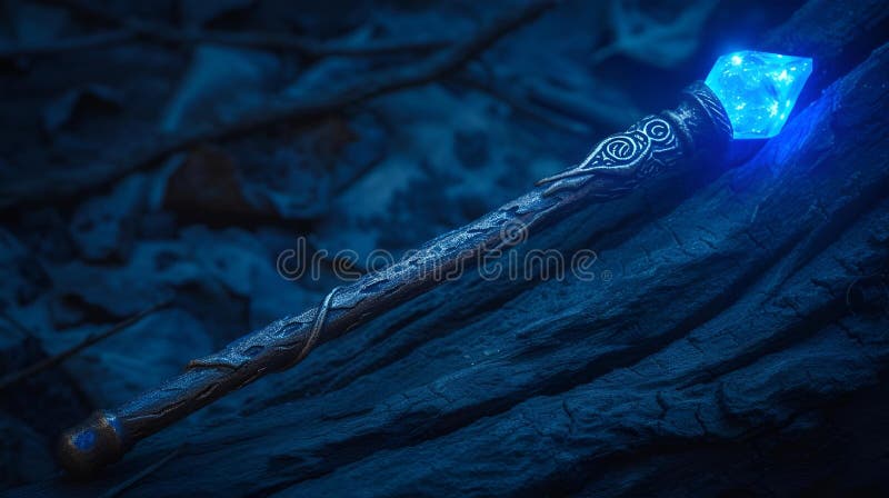 A magical wooden wand on a rock, AI-generated.