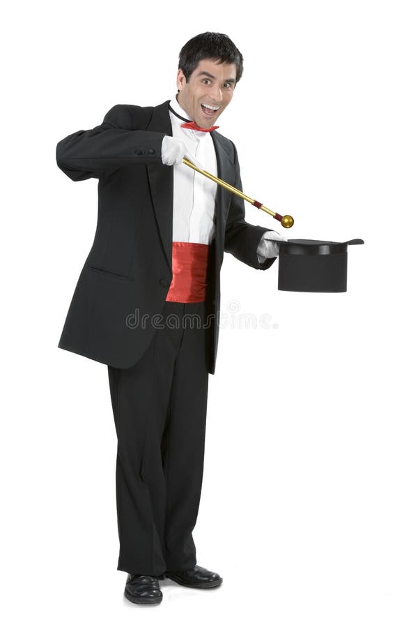 Magician holding a magic wand and a hat over white background. Magician holding a magic wand and a hat over white background