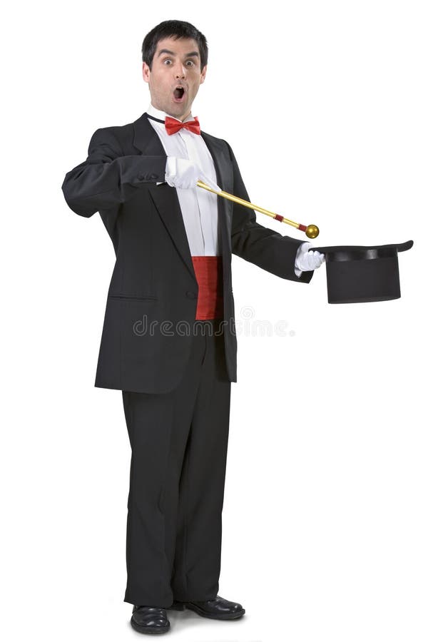 Magician holding a magic wand and a hat. Magician holding a magic wand and a hat