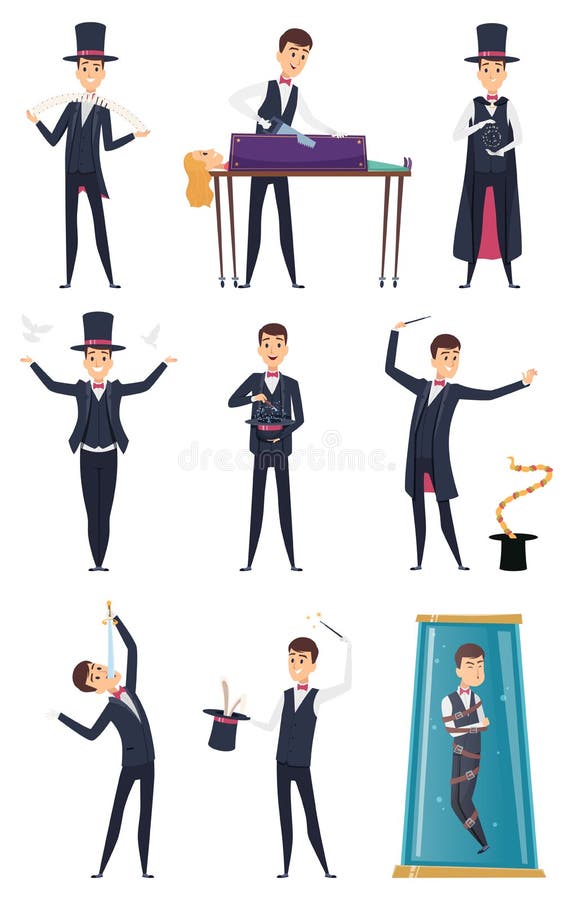 Magician. Male performer showmen in black costume and white gloves magic tricks vector cartoon characters