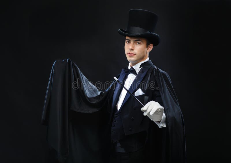 Magician in Top Hat with Magic Wand Showing Trick Stock Image Image