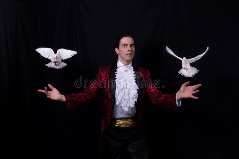 The magician with a two flying white Doves stock image The magician with a two flying white Doves stock image