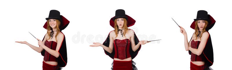 Magician woman with wand on white stock photos Magician woman with wand on white stock photos
