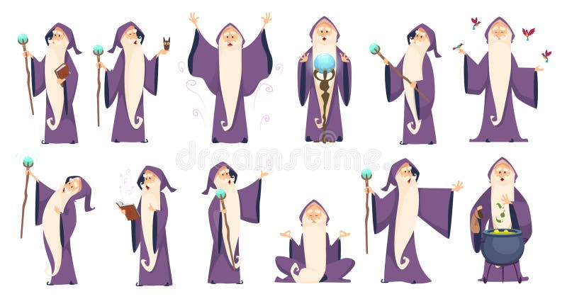 Magicien Magicien masculin mystérieux en personnages de dessin animé de vecteur de MERLIN de vieux d'orthographe de robe longue illustration de vecteur