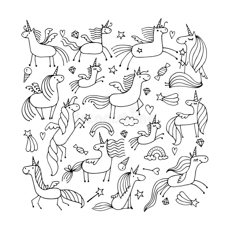 Magiczna jednorożec kolekcja, nakreślenie dla twój projekta ilustracji