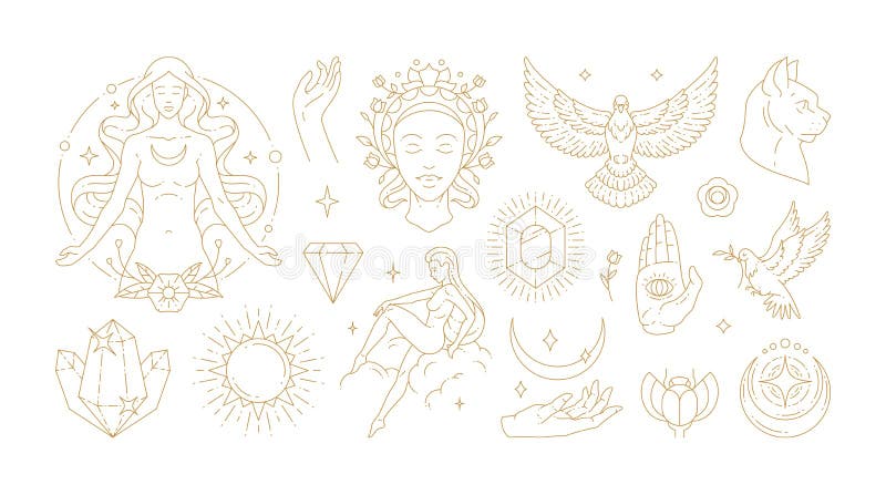 Magiczna kobieta boho wector ilustracje wdzięcznych kobiet i symbole ezoteryczne
