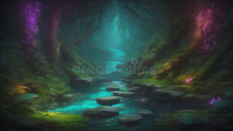 Magiczne kamienie przenikające przez strumień whimsical ilustracji