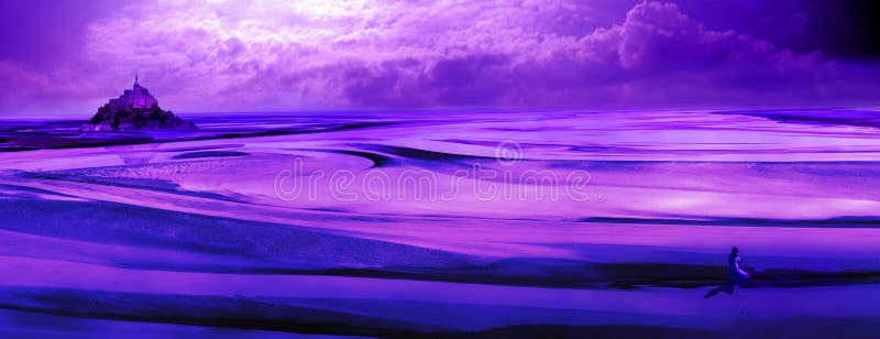 Large view of the Mount Saint Michel France and its bay. At the bottom right of the picture, a woman is looking at the magical landscape under violet colors. Large view of the Mount Saint Michel France and its bay. At the bottom right of the picture, a woman is looking at the magical landscape under violet colors.