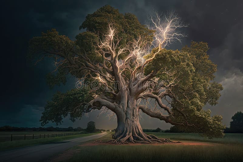 Maginficent Large American Sycamore Tree Lightning Dark Clouds Sky by Generative AI royalty free stock image