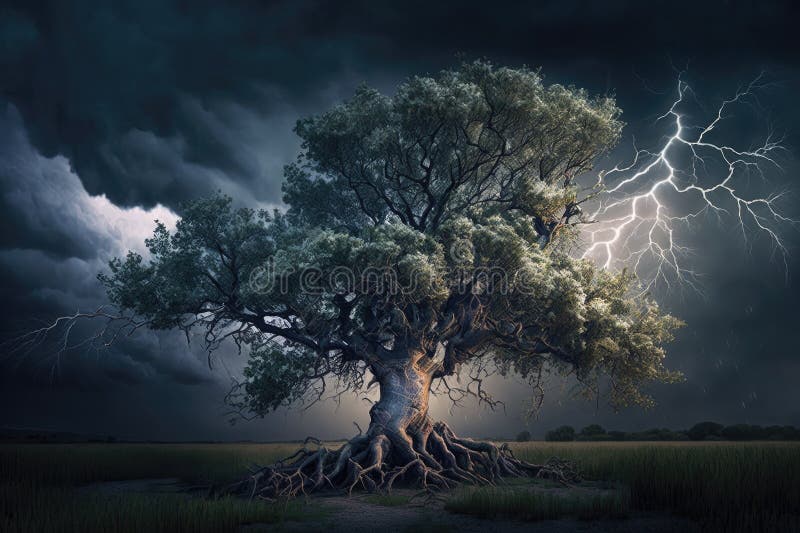 Maginficent Large Ash Tree Lightning Dark Clouds Sky by Generative AI stock photography
