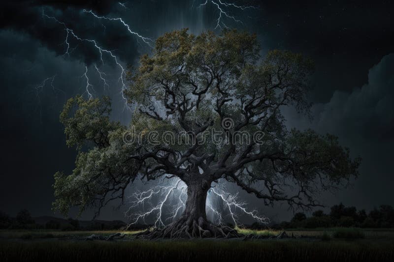 Maginficent Large Black Oak Tree Lightning Dark Clouds Sky by Generative AI royalty free stock photography