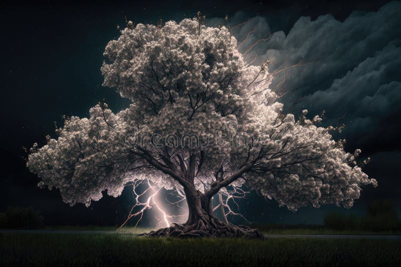 Maginficent Large Dogwood Tree Lightning Dark Clouds Sky by Generative AI stock images